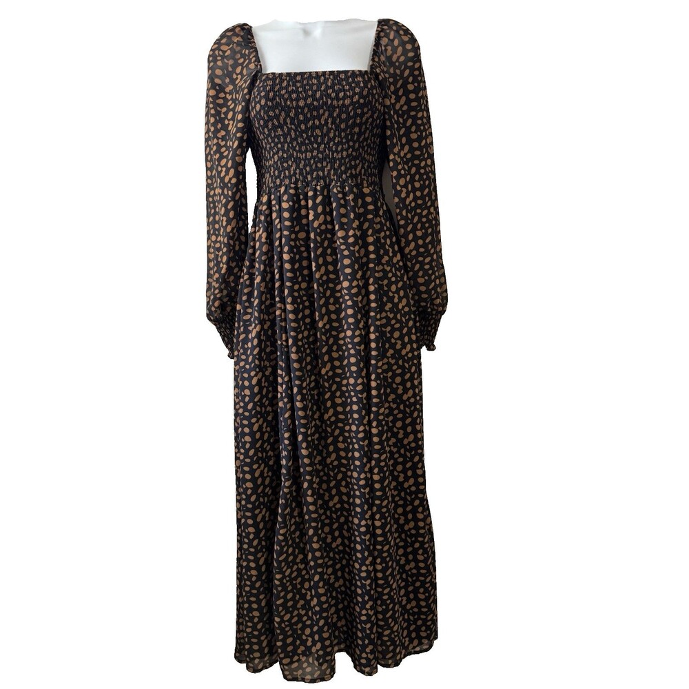 O.P.T Polka Dot Smocked Midi Dress Sz Small Black Gold Women’s